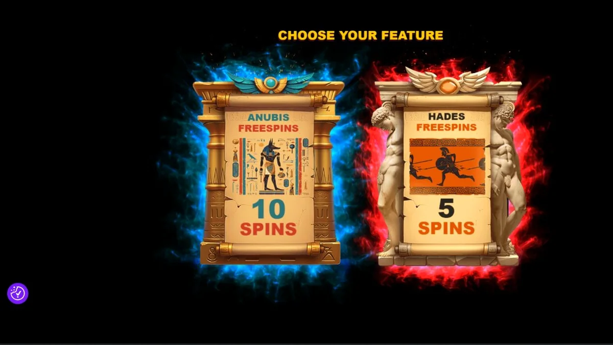Tampilan visual slot Clash of Gods: Anubis vs Hades dengan elemen mitologi