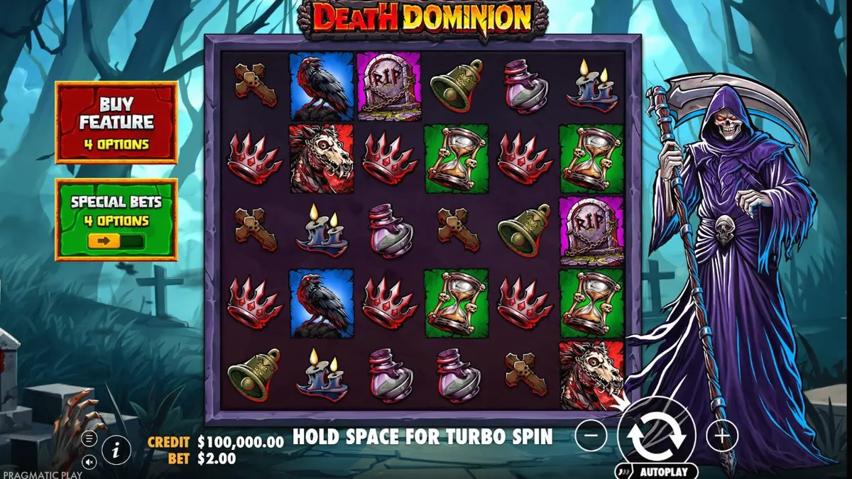 Tampilan visual slot Death Dominion dengan tema horor dan Grim Reaper